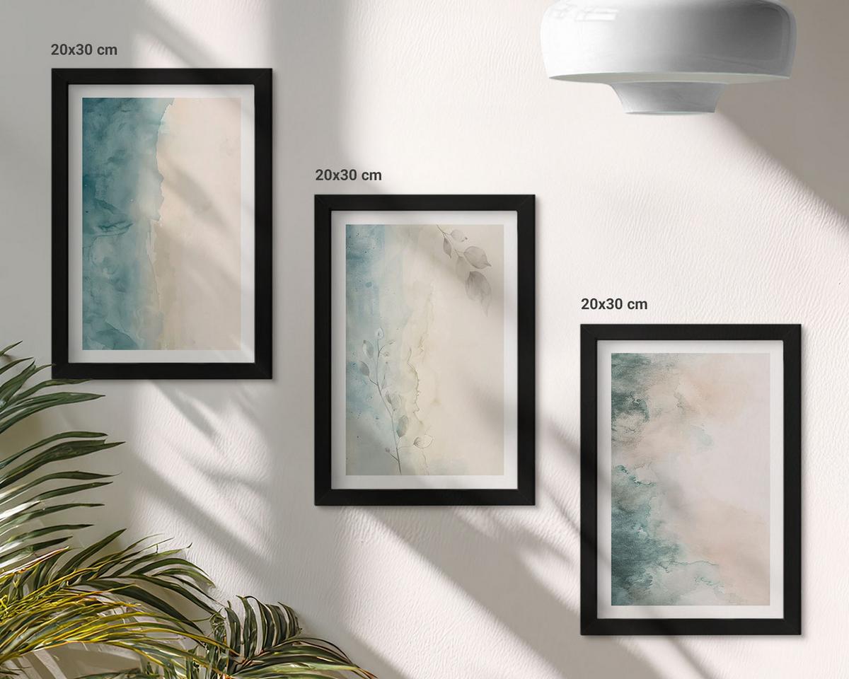 BILDER SET 3er Set - 20x30 cm Schwarzer Rahmen - Minimalismus auf Aquarellleinwand - Schwarz, Kunststoff (20/30cm) - TULUP