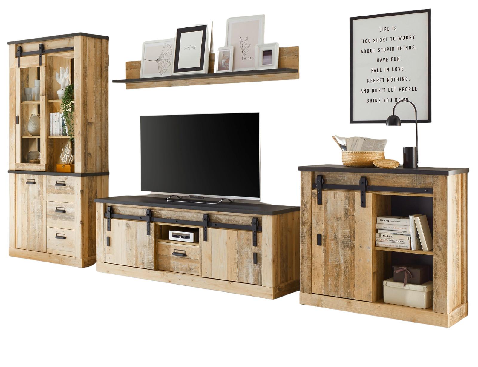 WOHNWAND Used Wood hell, anthrazit 4-teilig 388 cm, Wohnkombination, viel Stauraum - Anthrazit/Schwarz, Holzwerkstoff/Metall (388/201/43cm) - Furn.Design