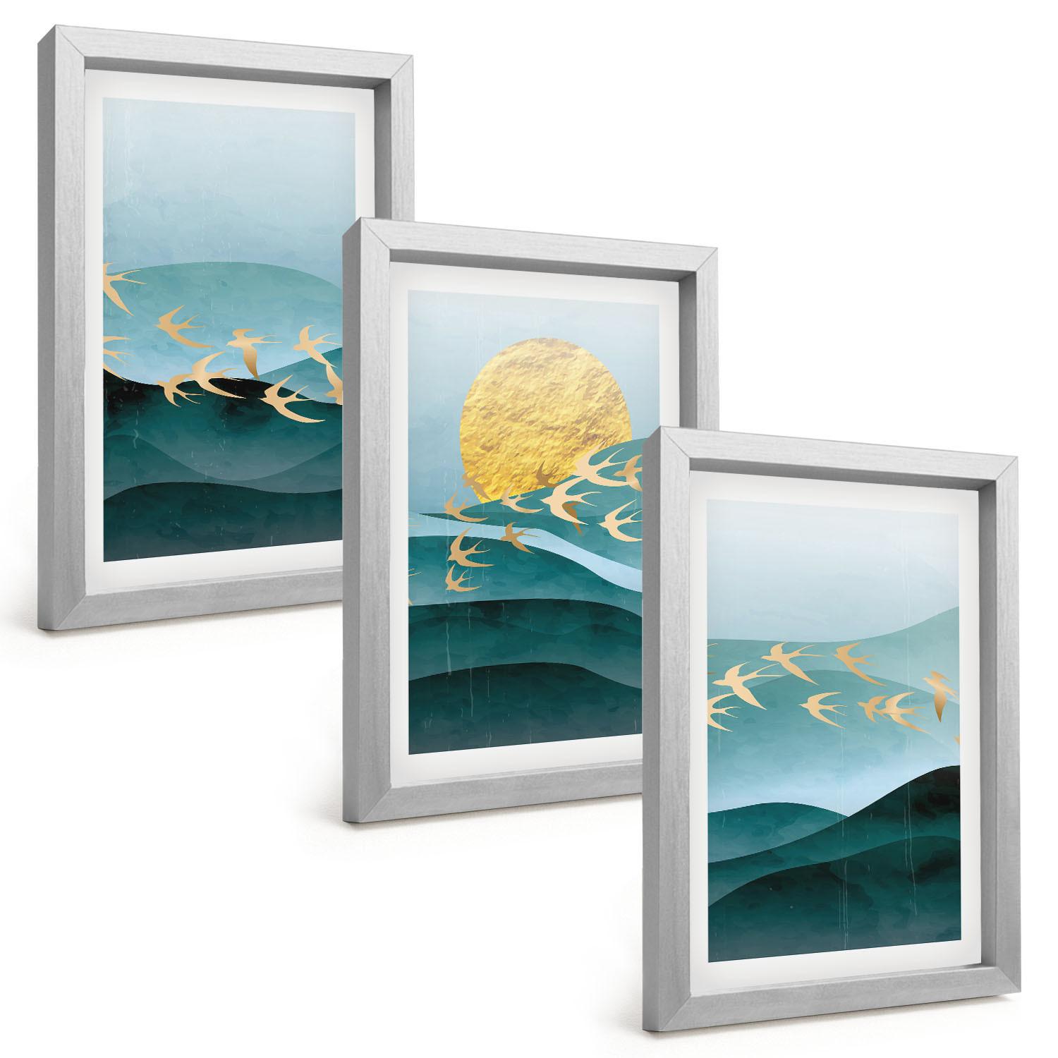BILDER SET 3er Set - 20x30 cm Silberner Rahmen - Abstrakte Sonnenuntergangslandschaften - Silberfarben, Kunststoff (20/30cm) - TULUP