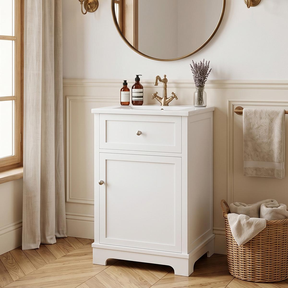 WASCHTISCH mit Unterschrank Weiß 51cm Standschrank mit Keramikbecken & Klappfach - Weiß, Holzwerkstoff (51/87/46cm) - Urban Meuble