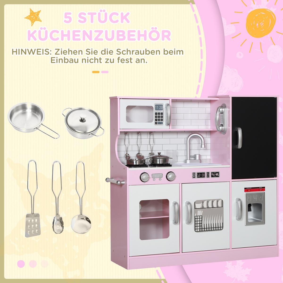 KINDERKÜCHE Spielküche mit Spielzeug Telefon, Kreidetafel, Mikrowelle, Herd Rosa - Hellrosa, Holzwerkstoff (83.8/26.8/81cm) - AIYAPLAY