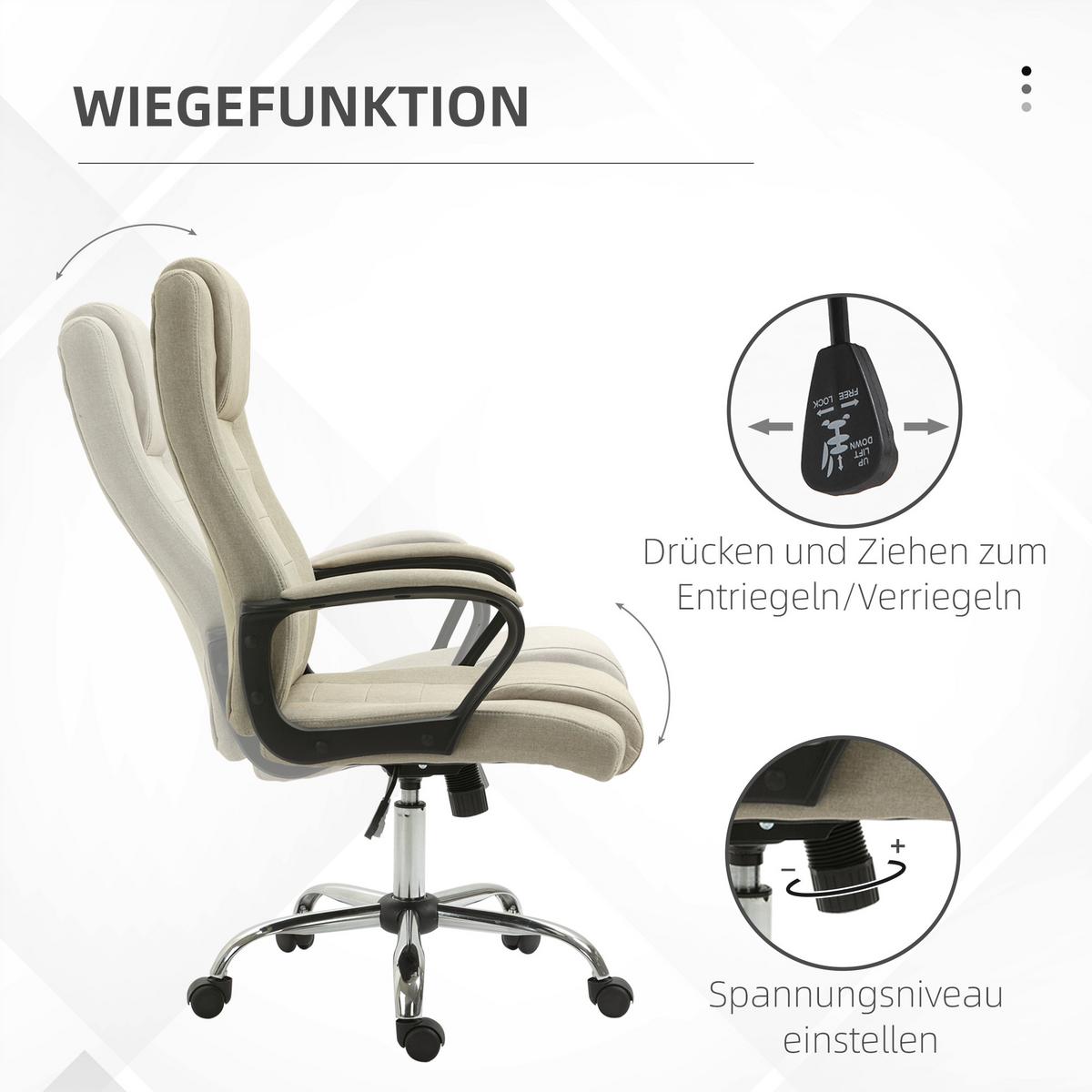 BÜROSTUHL, Ergonomisch Schreibtischstuhl mit Kopfstütze, Leinenoptik Beige - Beige, Kunststoff (62/119/76cm) - Vinsetto