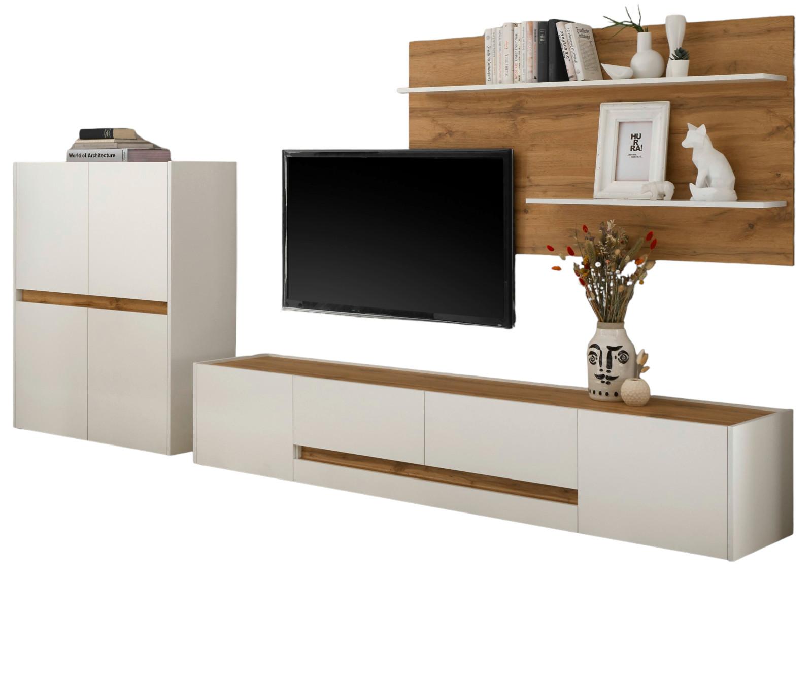 WOHNWAND weiß, Eiche Wotan 3-teilig 343 cm, Schrankwand mit viel Stauraum - Eiche Wotan/Schwarz, Holz/Holzwerkstoff (360/180/45cm) - Furn.Design