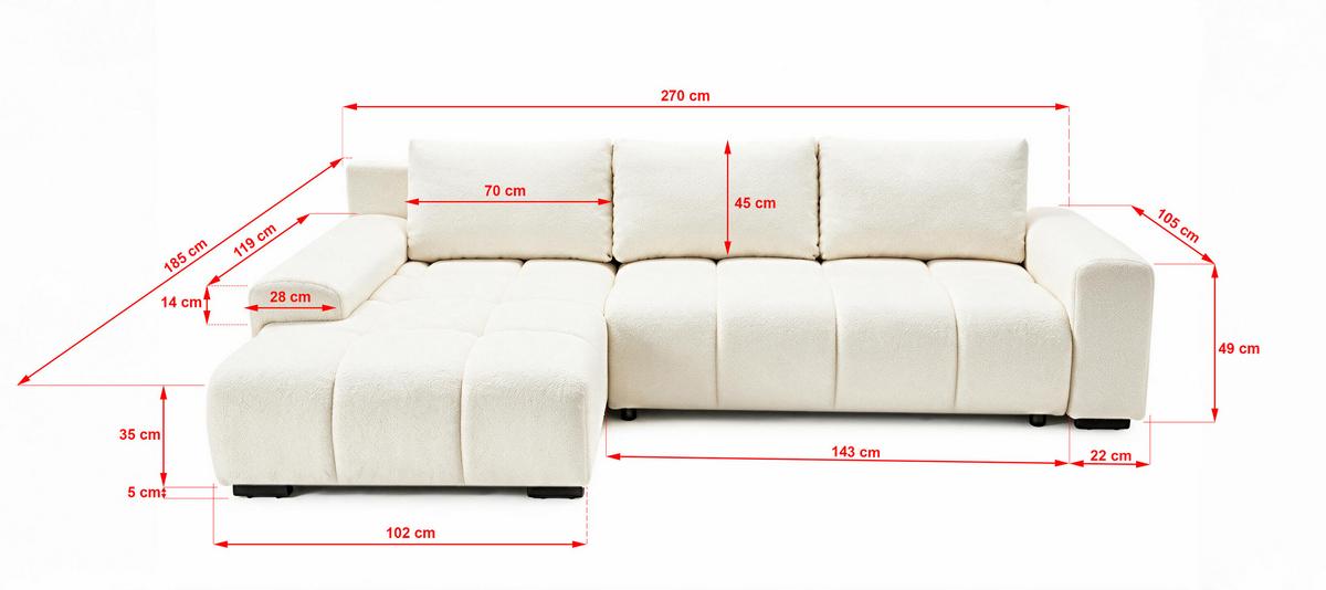 ECKSOFA Ovia mit Bettkasten und Schlaffunktion, Bouclé-Stoff in L-Form - Beige, Textil (270/185cm)