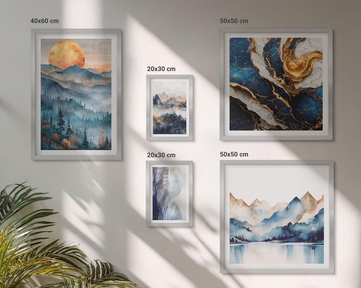 BILDER SET 5er Set - 50x50 cm & 20x30 cm & 40x60 cm Silberner Rahmen - Blaue Berglandschaften - Silberfarben, Kunststoff (40/60cm) - TULUP