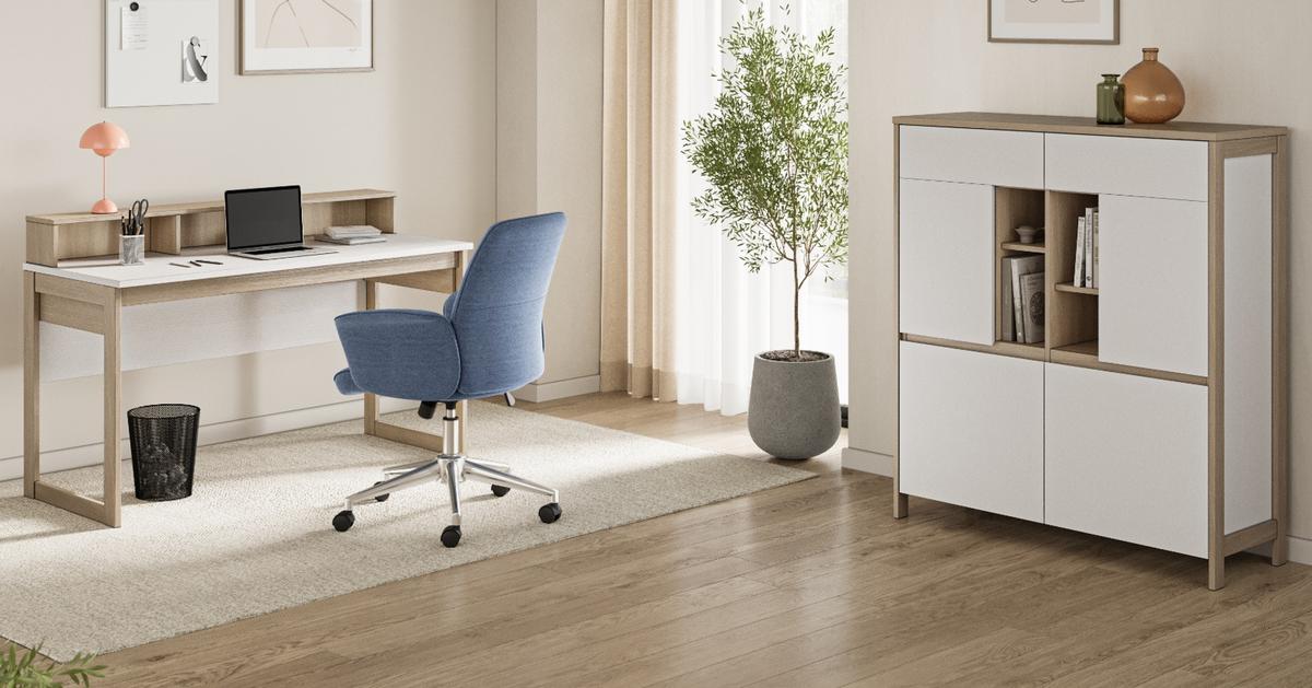WOHNKOMBINATION weiß, Eiche, Set mit Highboard und Schreibtisch, Soft-Close, Finnes - Eichefarben/Weiß, Glas/Holzwerkstoff (246/125/60cm) - Furn.Design