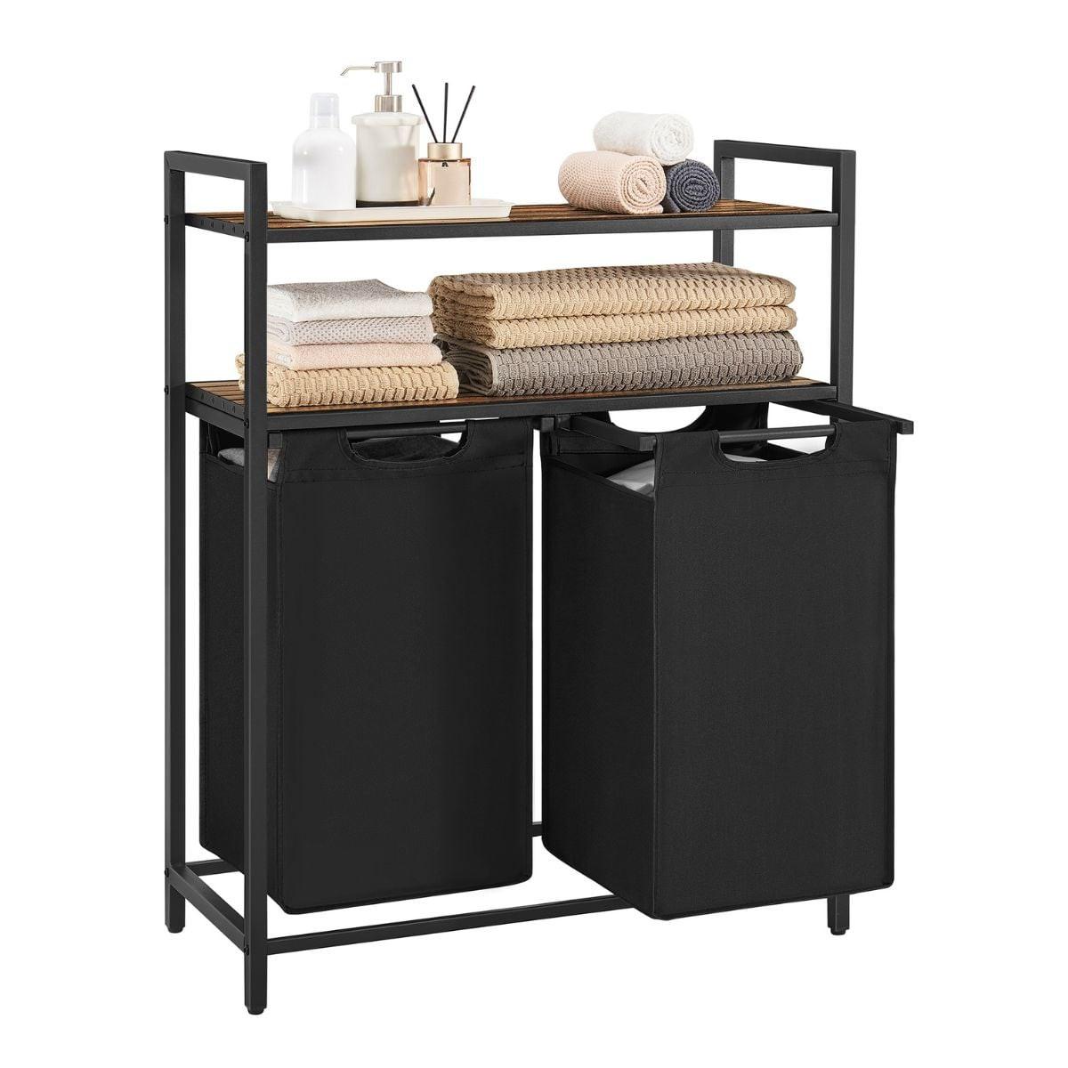 WÄSCHEBEHÄLTER mit 2 Fächern à 46L und 2 Regalen - Schwarz, Holzwerkstoff (33/92/99.5cm) - Calicosy