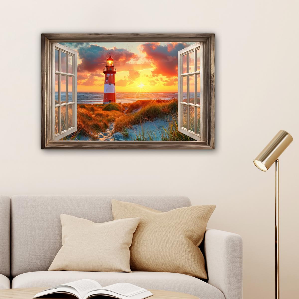LEINWANDBILD Aussicht - Fenster - Leuchtturm - Sonnenuntergang - Strand Gemälde 60x40 cm - Dunkelorange, Textil (60/40cm) - MuchoWow