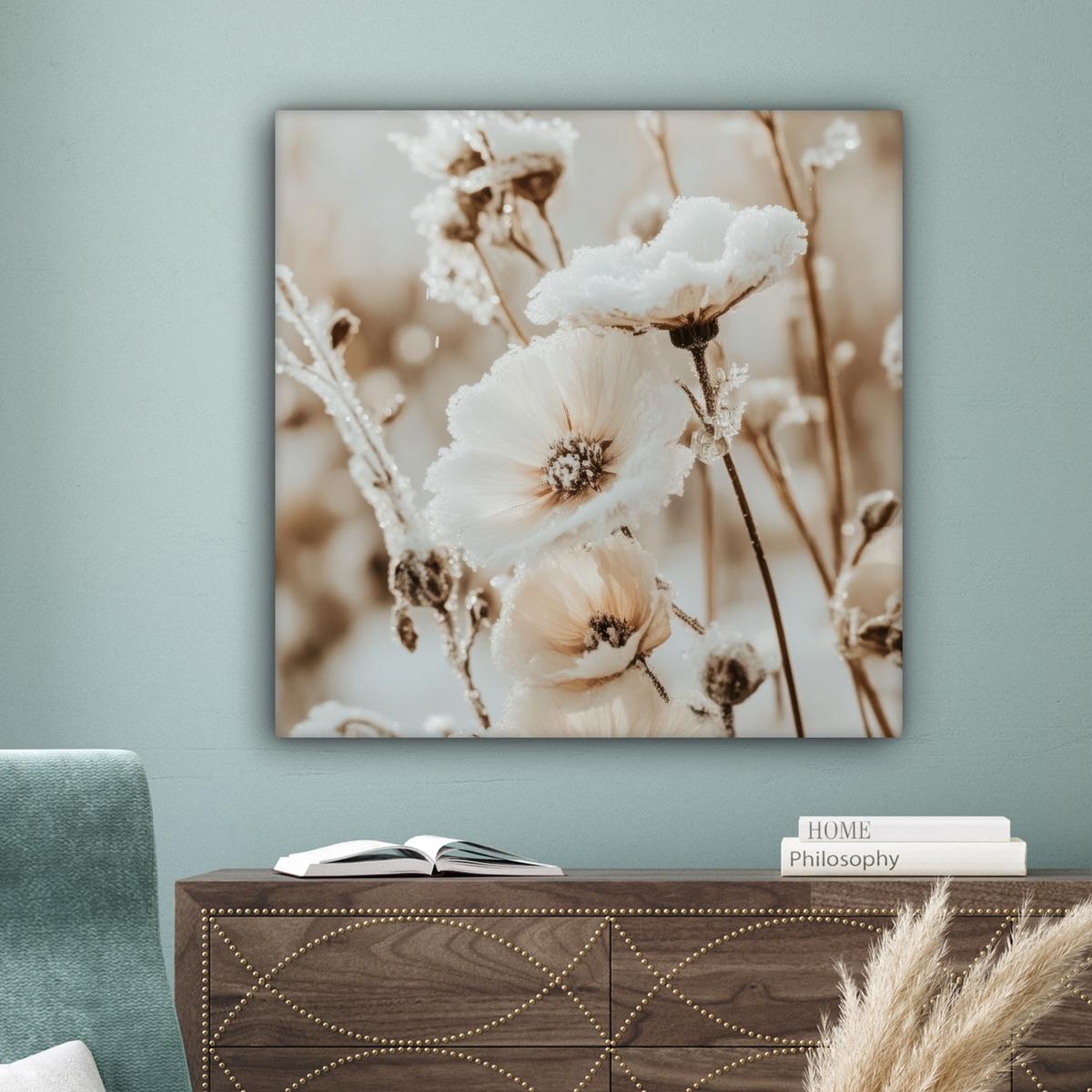 LEINWANDBILD Blumen - Winter - Weiß - Schnee - Beige Deko Groß 90x90 cm - Creme, Textil (90/90cm) - MuchoWow