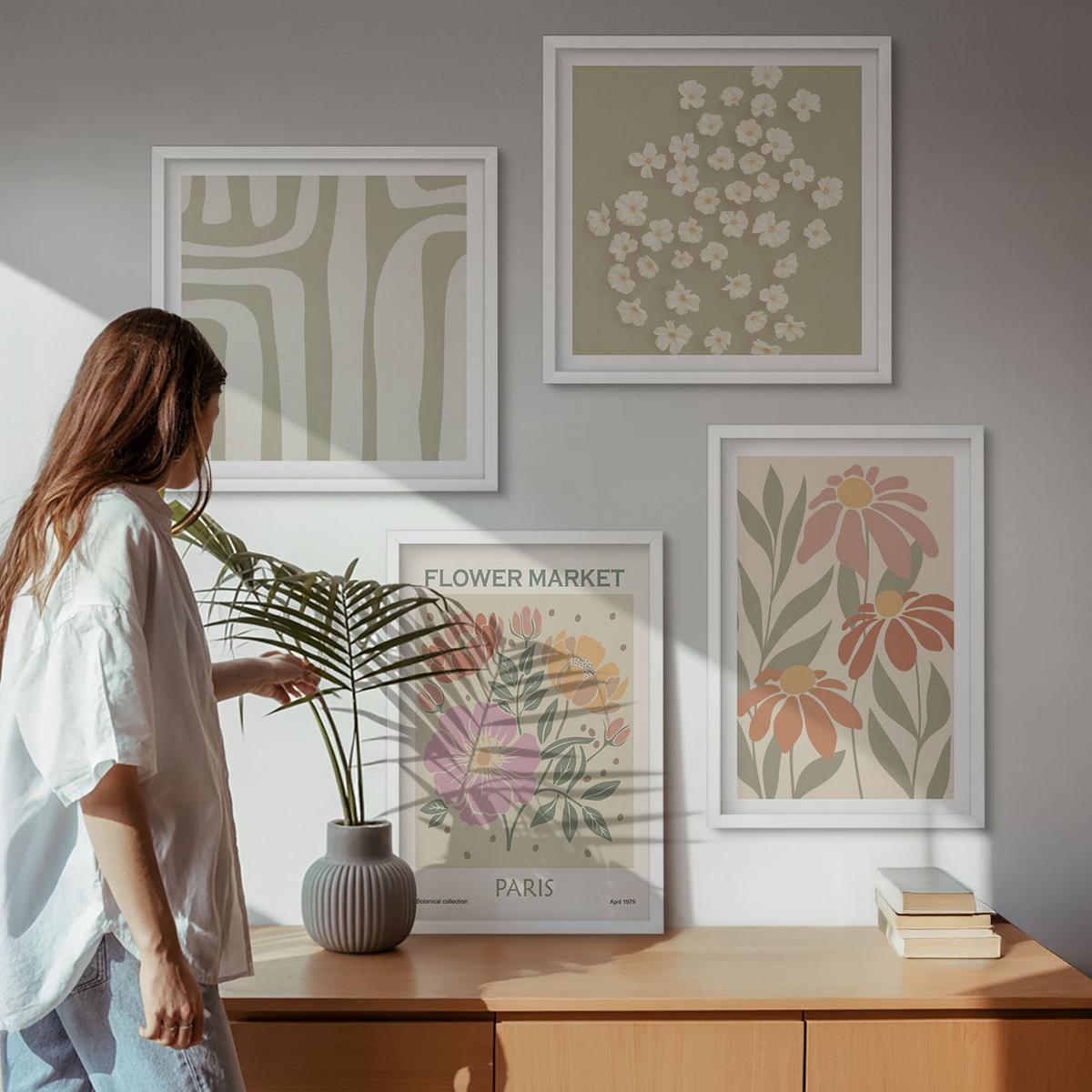 BILDER SET 4er Set - 50x50 cm & 40x60 cm Weißer Rahmen - Botanische Motive, Pariser Minimalismus - Weiß, Kunststoff (50/50cm) - TULUP