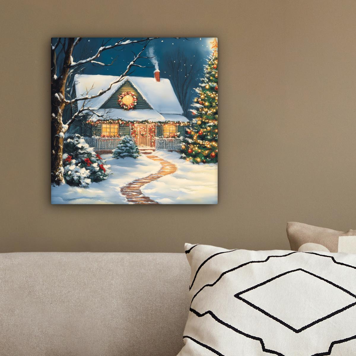 LEINWANDBILD Weihnachten - Weihnachtsbaum - Winter - Zuhause - Schnee Deko Wohnzimmer 20x20 cm - Smaragdgrün, Textil (20/20cm) - MuchoWow