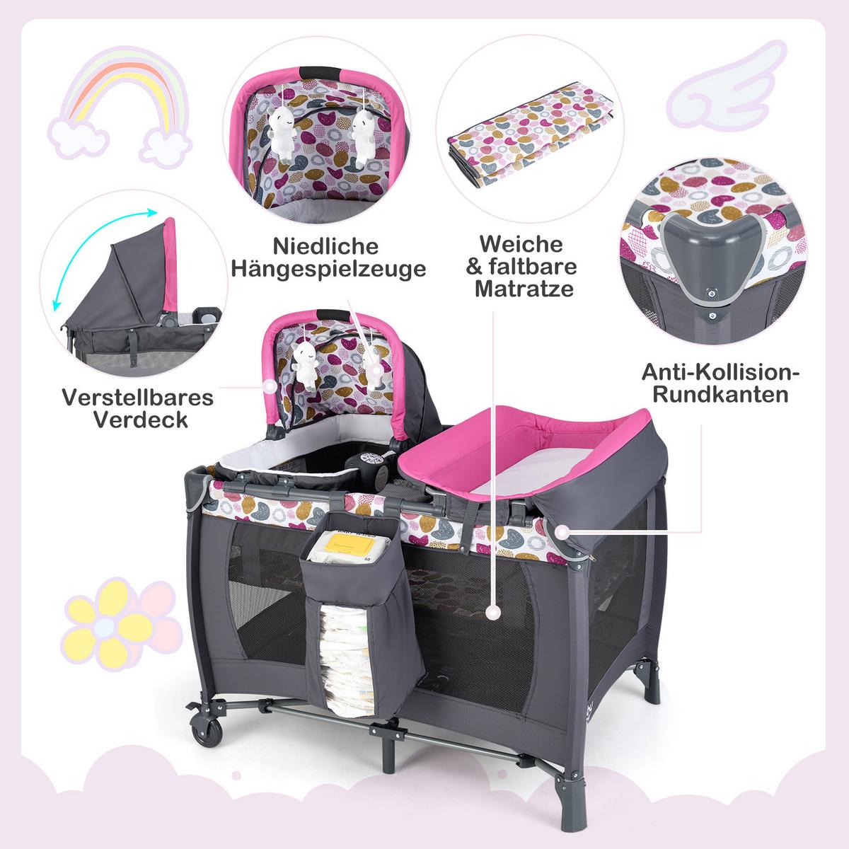 BABYBETT mit Matratze rosa - Pink, Textil - COSTWAY