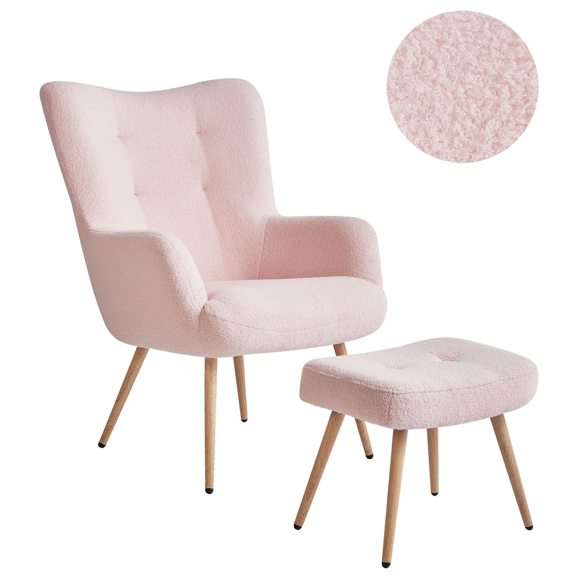 OHRENSESSEL mit Fußstütze Bouclé Pastellrosa Vejle - Pink, Textil (67/95/70cm) - Beliani