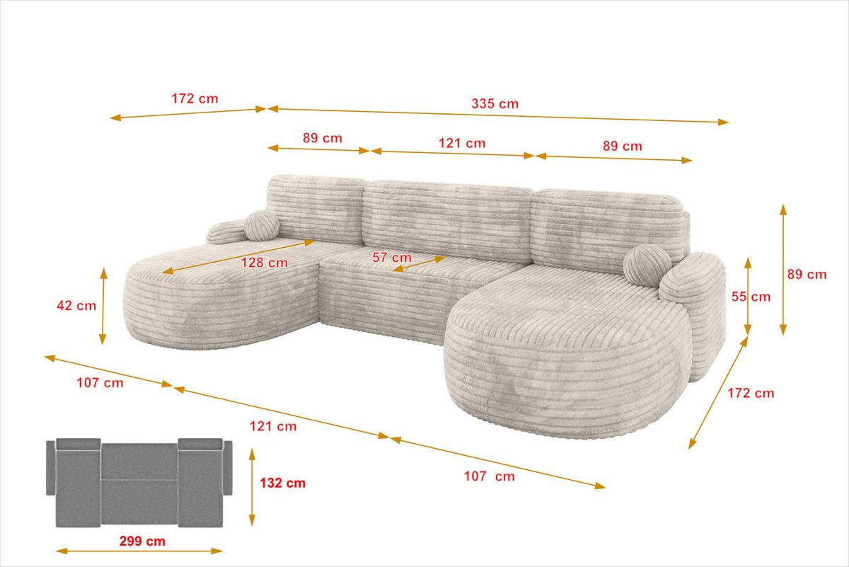 WOHNLANDSCHAFT mit Schlaffunktion und Bettkasten LIRA-U - 335x172x89 Creme - Creme, Holzwerkstoff/Textil (335/89/172cm) - ALTDECOR