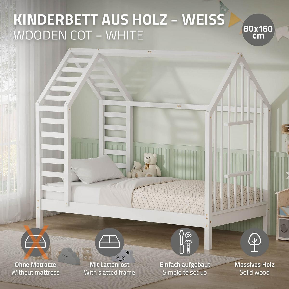 KINDERBETT 80x160 cm mit Lattenrost Dach und Fenster Hausbett aus massivem Kiefernholz Weiß - Weiß, Holz (80/160cm) - ML-DESIGN