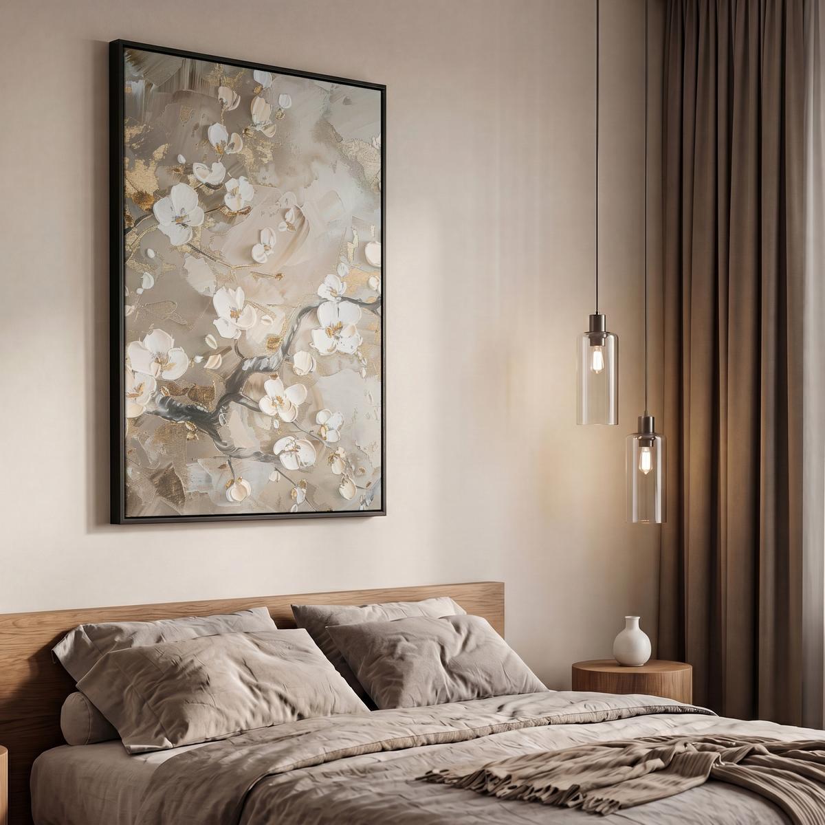 LEINWAND Bilder mit Rahmen - Blumen - Weiß - Gold - Beige - Luxus - 60x90 - Greige, Textil (60/90cm) - MuchoWow