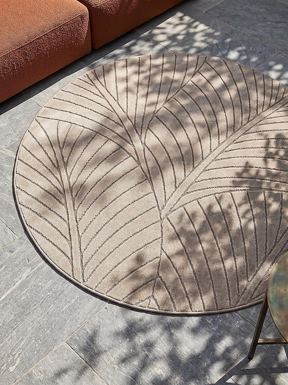 TEPPICH Outdoor, Fußbodenheizung-geeignet, mit Blattmotiv, ENGADIN in Beige, Ø 160 cm - Beige, Textil (160/160cm) - KADIMA DESIGN