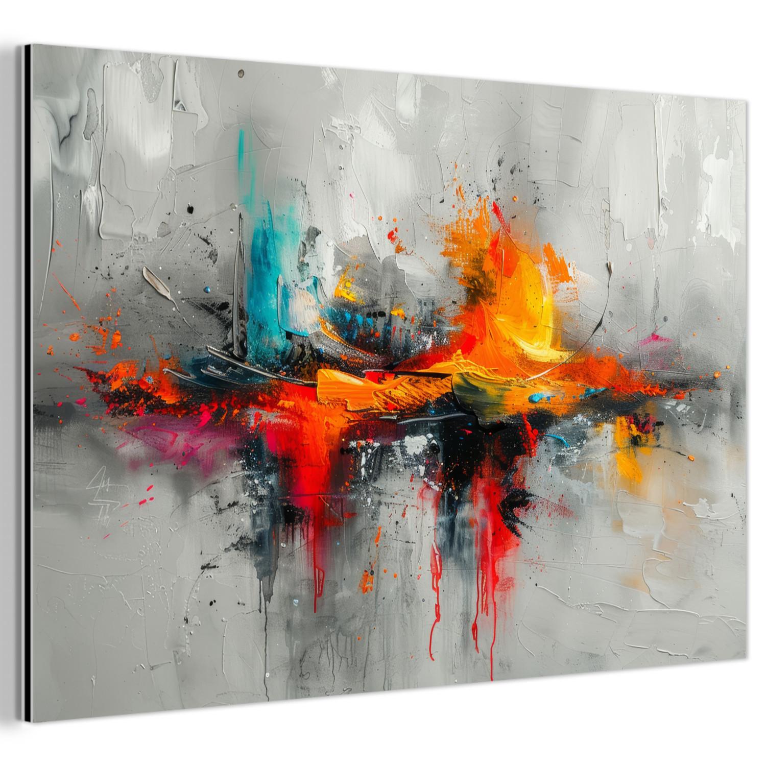 METALLBILD Moderne Kunst - Orange - Grau - Abstrakt Wanddeko 90x60 cm - Hellgrau, Metall (90/60cm) - MuchoWow