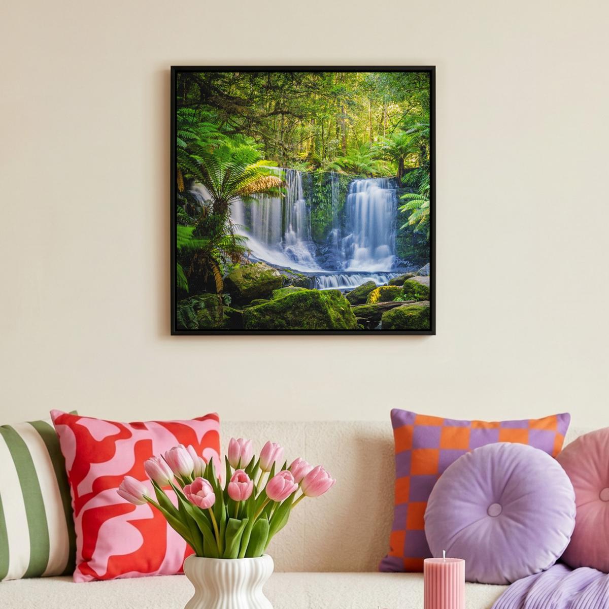 LEINWAND Bilder mit Rahmen - Dschungel - Wasserfall - Australien - Pflanzen - Natur - 50x50 - Dunkelgrün, Textil (50/50cm) - MuchoWow