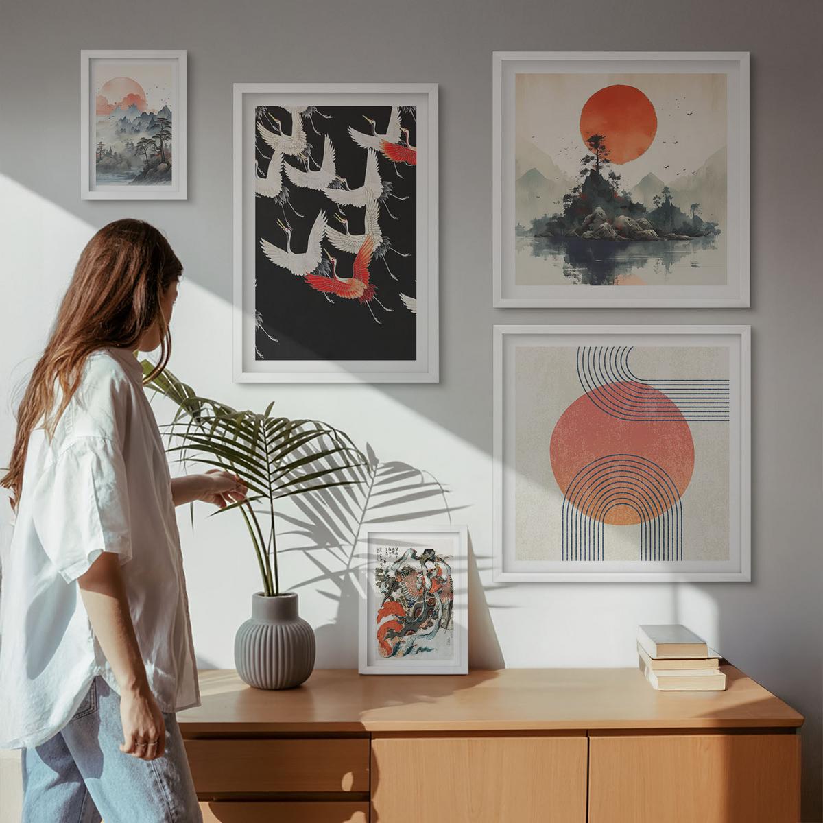 BILDER SET 5er Set - 50x50 cm & 20x30 cm & 40x60 cm Weißer Rahmen - Asiatische Landschaften Japandi - Weiß, Kunststoff (40/60cm) - TULUP