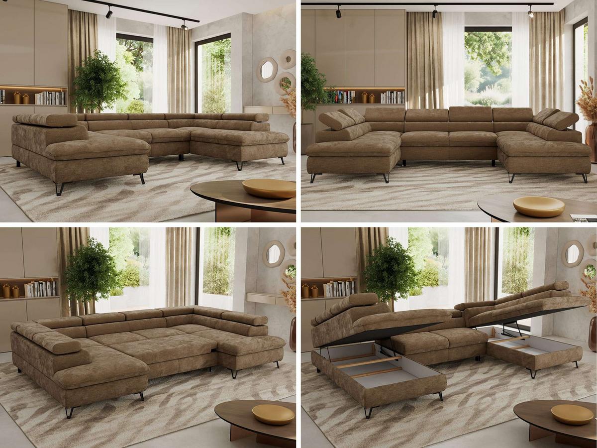 WOHNLANDSCHAFT PABLO U Schenille glatt Braun - Schwarz/Braun, Textil/Metall (346/76/208cm) - MKS