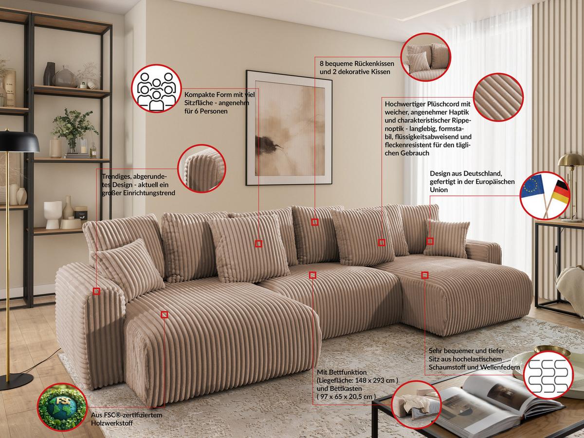 WOHNLANDSCHAFT Calma mit Schlaffunktion und Bettkasten im Bumpy-Design aus weichem Beige Plüschcord - Beige/Schwarz, Holz/Textil (336/88/140cm) - S-Style