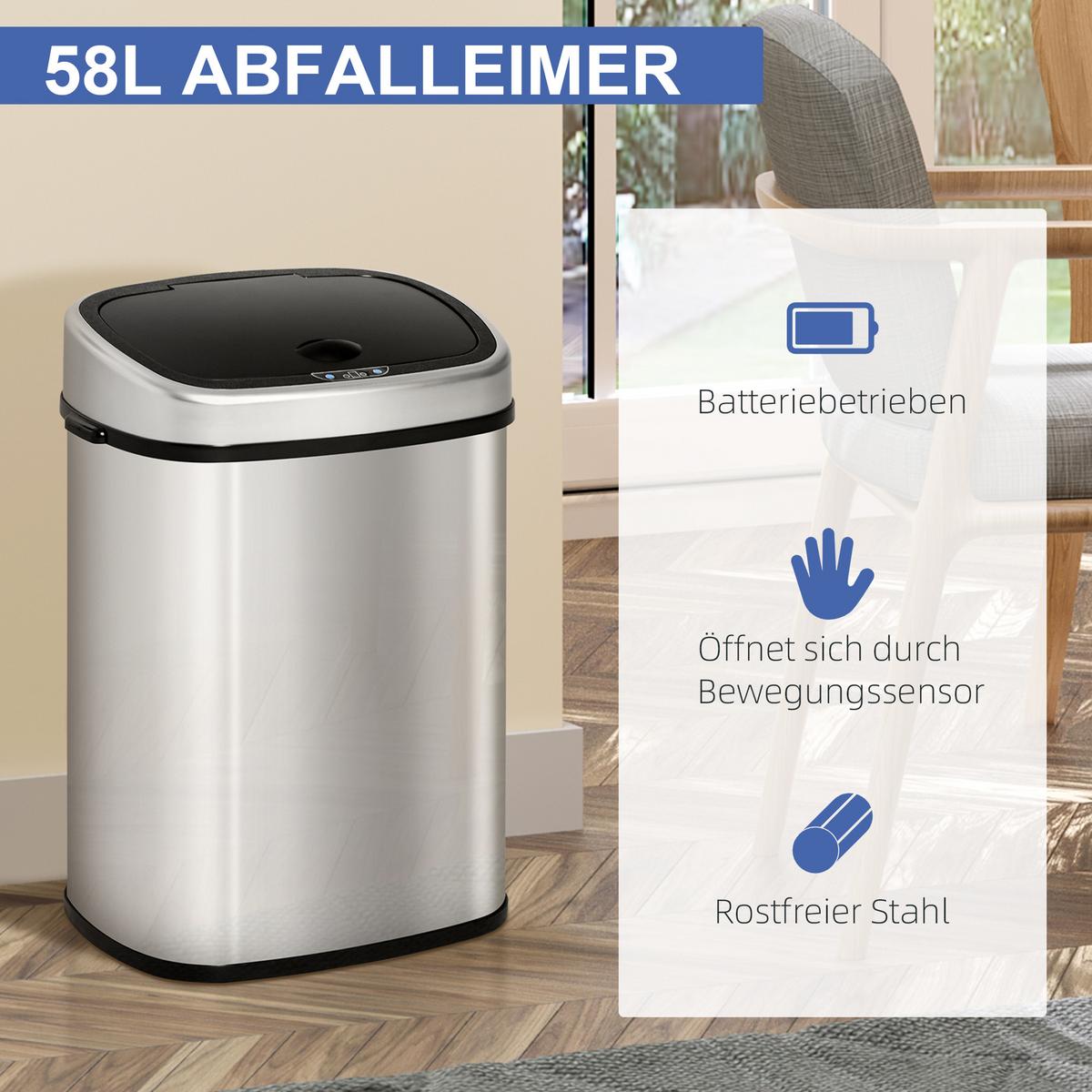 AUTOMATIK Mülleimer Abfalleimer mit Infrarotsensor Küche Silber 58L / 48L - Silberfarben, Metall (28.9/68/40.9cm) - HOMCOM