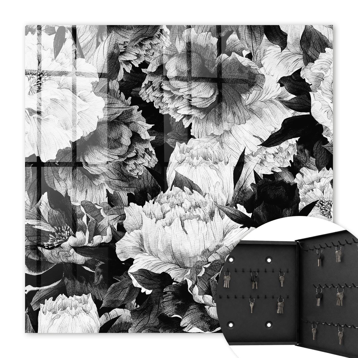 SCHLÜSSELBOX Schwarz 30x30 cm- Türöffnung nach rechts - Schwarz-weiße Blüten - Grau, Metall (30/30/5cm) - TULUP