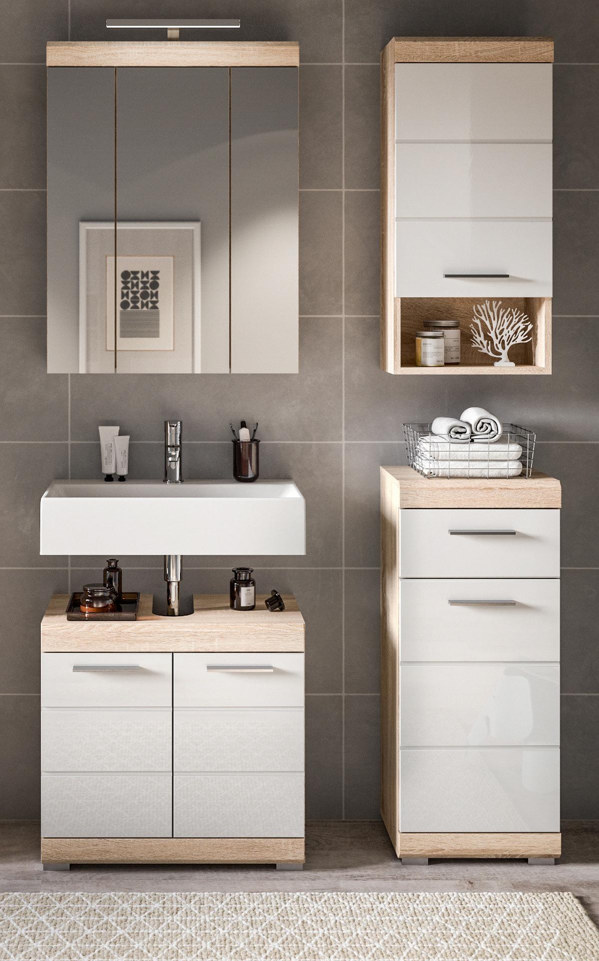 HÄNGESCHRANK weiß Hochglanz, Eiche 37 cm, Badschrank hängend - Weiß Hochglanz/Eichefarben, Holzwerkstoff/Kunststoff (37/79/24cm) - Inn.Furn