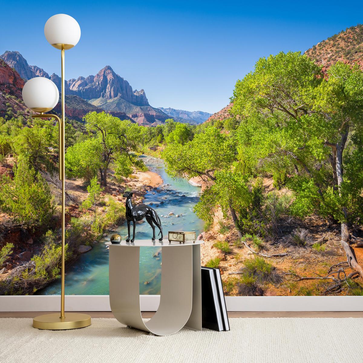 FOTOTAPETE für Esszimmer Virgin River Bäume Felsen Berge Natur 500x350 - Türkis/Blau, Papier (500/350cm) - Muralo
