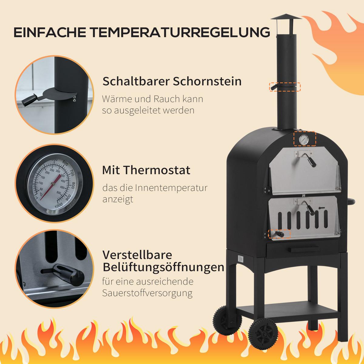 PIZZAOFEN, Kohlenstoffstahl, Schwarz - Schwarz, Metall (54/161/63cm) - Outsunny