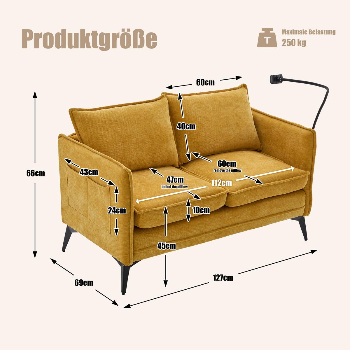 SOFA 2-SITZER in Gelb aus weichem Chenille - Gelb, Textil (127/66/69cm) - Urban Meuble