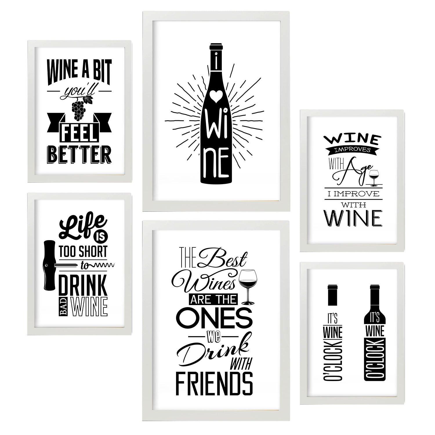 POSTER Set Mit 6 Wein Vollfarbige Illustrationen Von Kaffee & Getränken Im Werbetafel Illustrationen Für & Heim A3 & A4 Weißer Rahmen - Weiß, Papier (29/3cm) - Nacnic