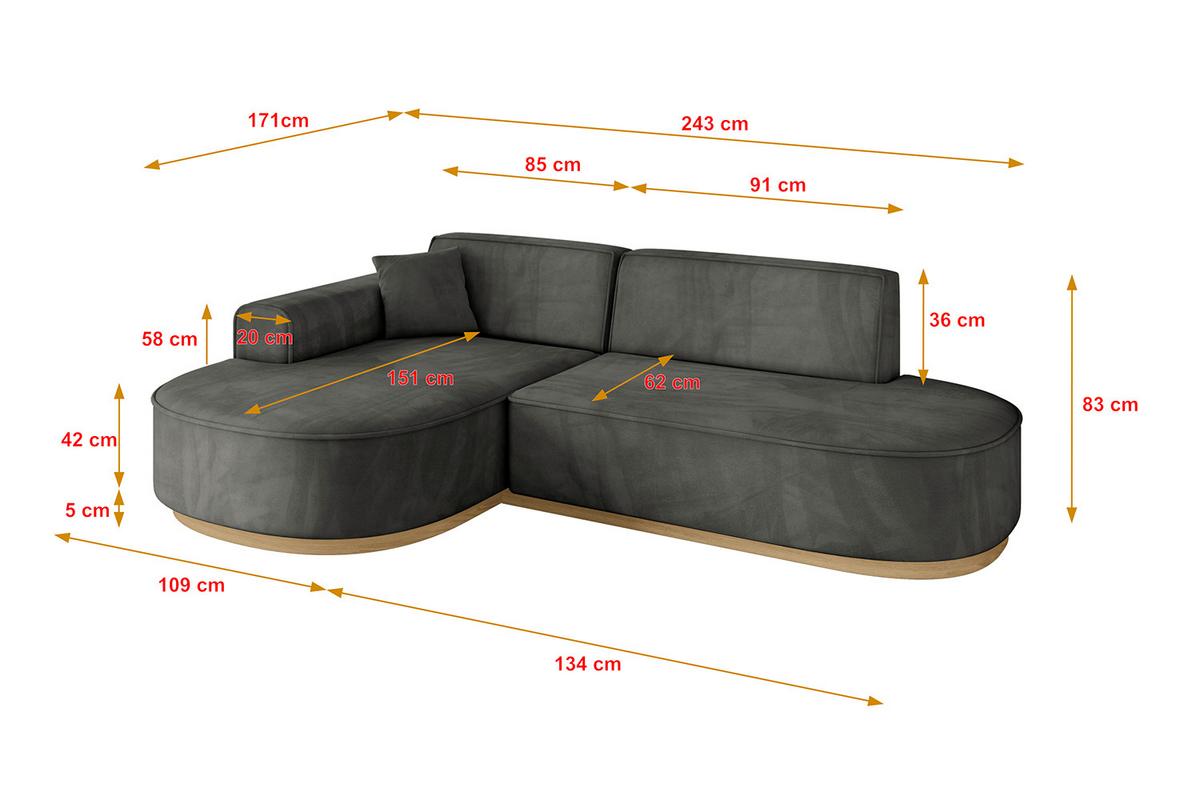 ECKSOFA Ottomane Links MARI-L1-v2 - 243x171x83 cm Dunkelgrau Velours - Dunkelgrau, Holzwerkstoff/Textil (243/171cm) - ALTDECOR