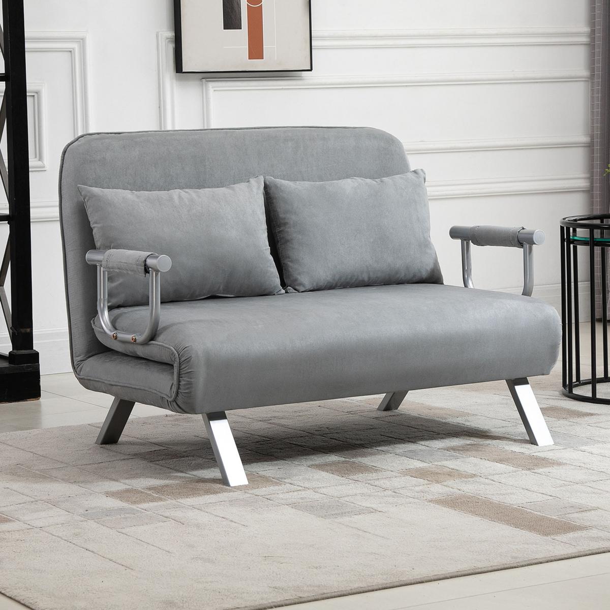 SCHLAFSOFA Zweisitzer mit Bettfunktion, Einzelbett mit Kissen, Samt, Hellgrau - Silberfarben/Hellgrau, Textil/Metall (80/78/111cm) - HOMCOM