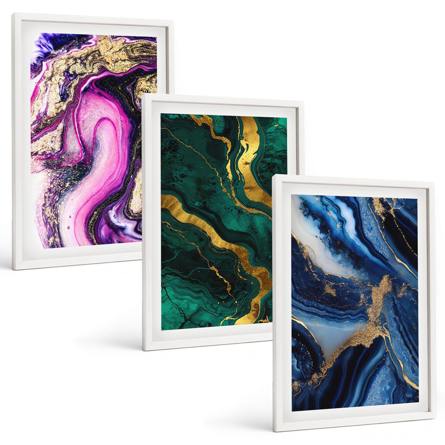 BILDER SET 3er Set - 40x60 cm Weißer Rahmen - Abstrakte rosagrüne Muster - Weiß, Kunststoff (40/60cm) - TULUP