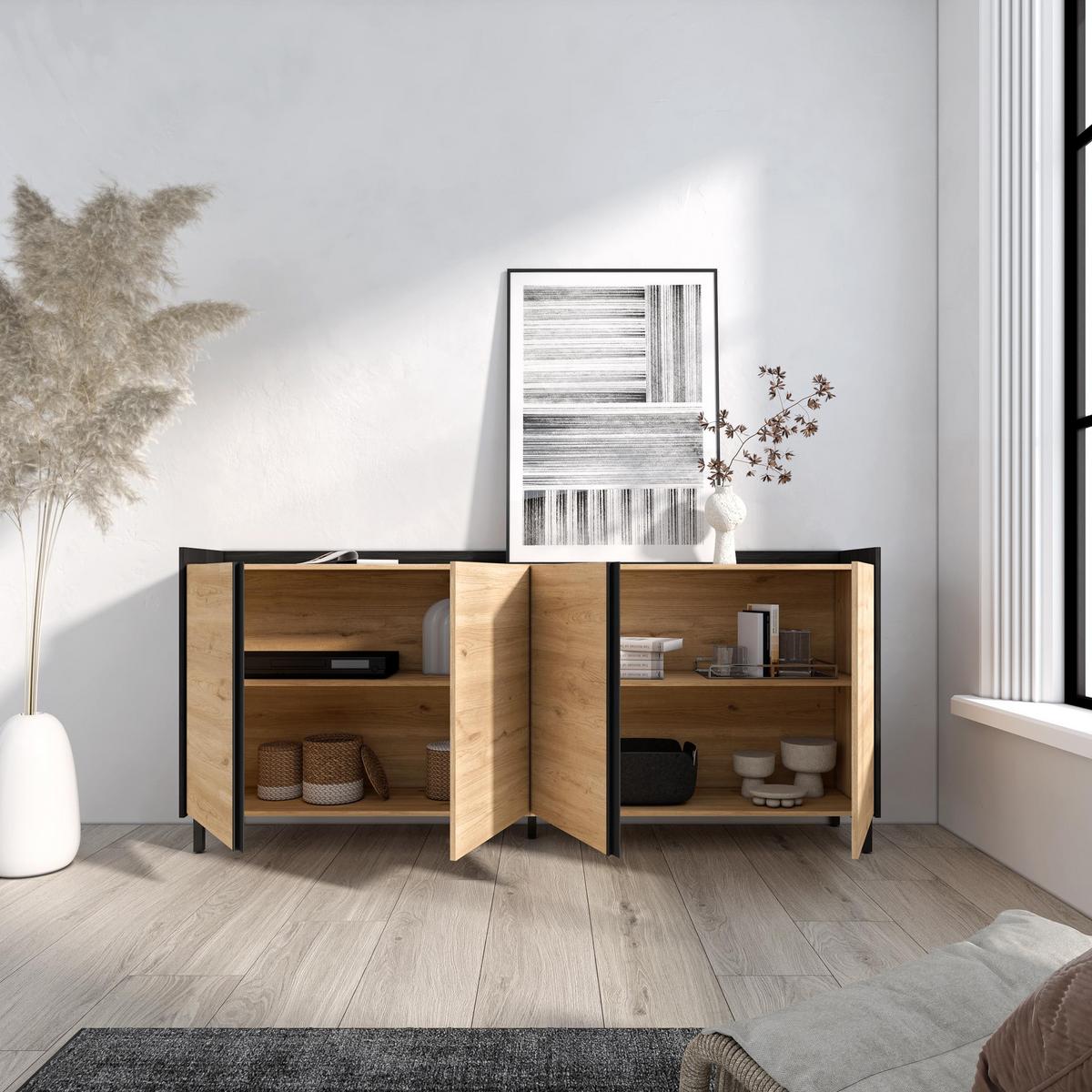 SIDEBOARD, Eiche und Schwarz, 207/35/91cm, mit Beinen - Eichefarben, Holzwerkstoff (207/91/35cm) - Skraut Home