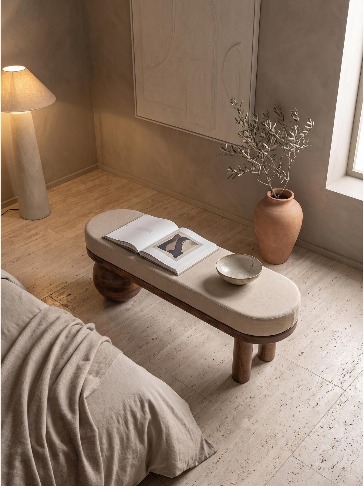 SITZBANK MAKARSKA, Stoff, Beige-Braun, 140 x 41,5 x 47,5 cm - Beige/Braun, Mangoholz/Holz (140/47.5/41.5cm) - KADIMA DESIGN