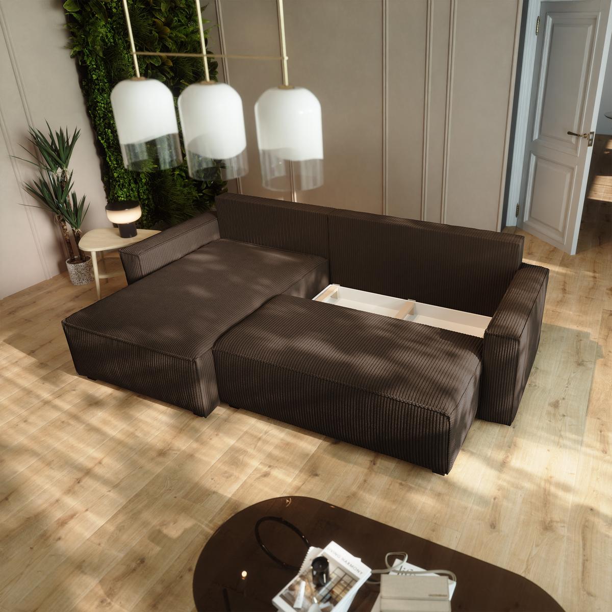 ECKSOFA BESMIR Braun Kordstoff mit Schlaffunktion - Braun, Holz (275/148cm) - MASSENO