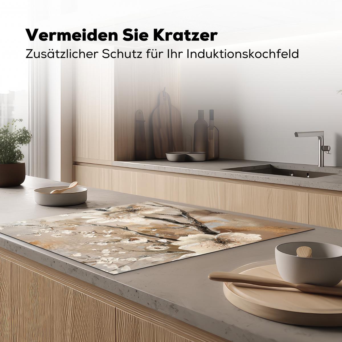 HERDABDECKPLATTE Blumen - Abstrakt - Gemalt - Beige Induktionsmatte 78x78 cm - Kaschmir, Kunststoff (78/78/0.2cm) - MuchoWow