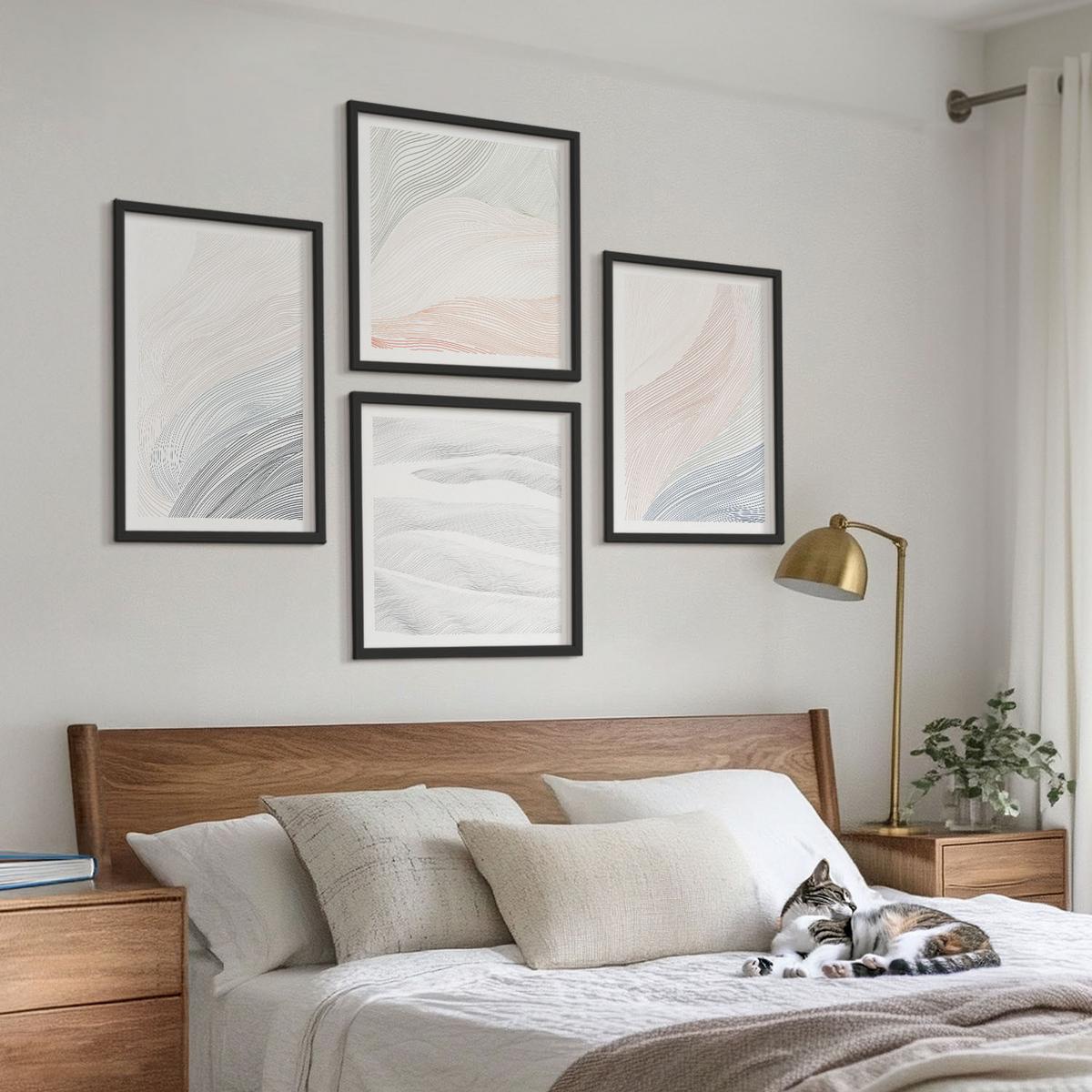 BILDER SET 4er Set - 50x50 cm & 40x60 cm Schwarzer Rahmen - Abstrakte Pastellwellen - Schwarz, Kunststoff (50/50cm) - TULUP