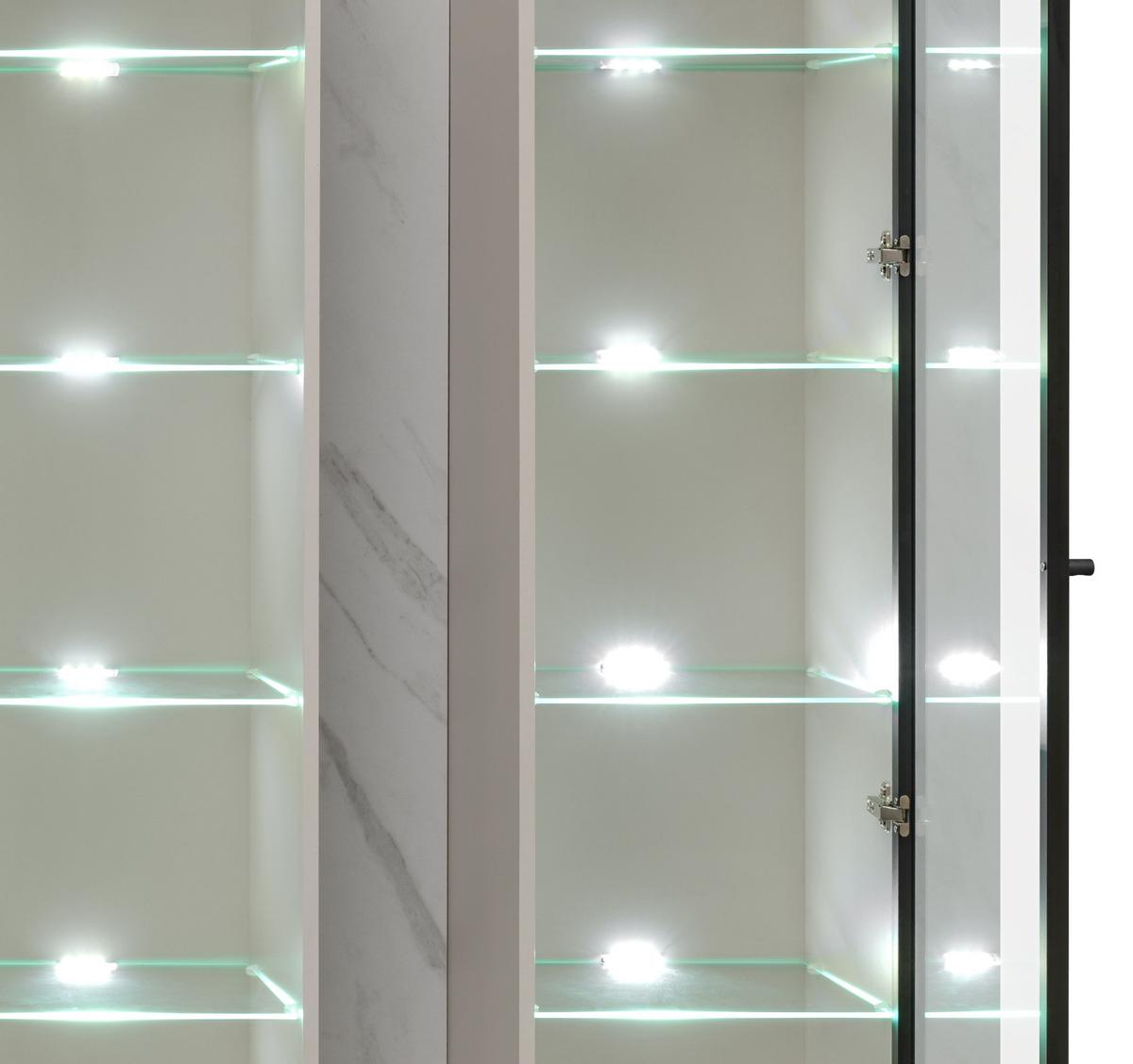 WOHNWAND kaschmir, Marmor weiß 300 cm, Anbauwand mit Wandpaneel, Beleuchtung, Push-to-Open - Kaschmir/Schwarz, Glas/Holzwerkstoff (300/175/45cm) - Inn.Furn