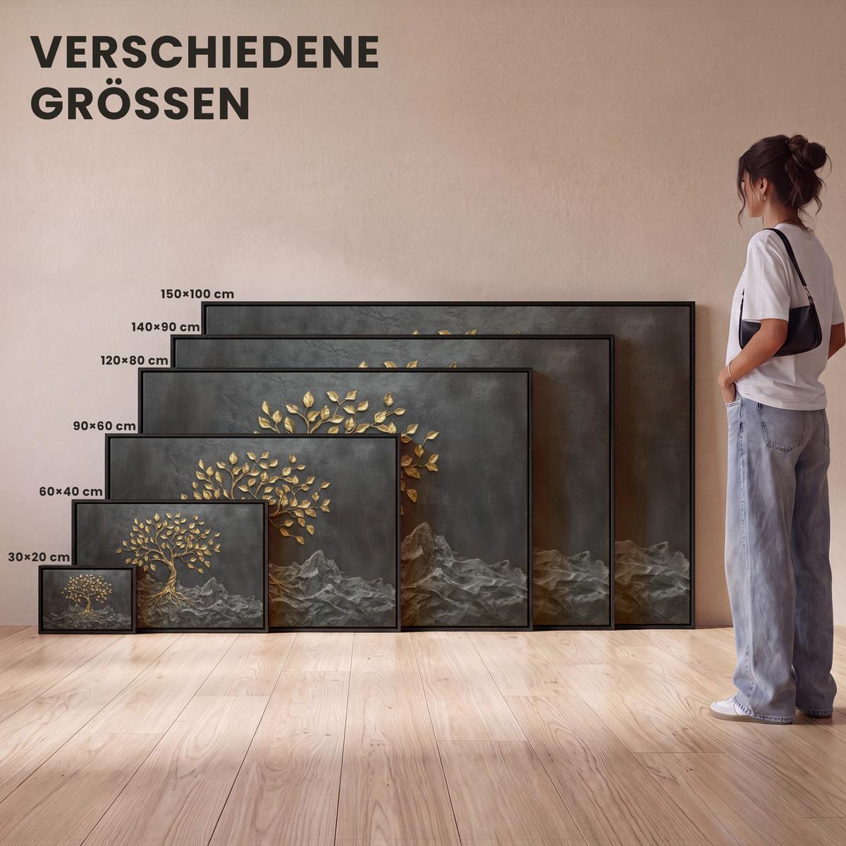 LEINWAND Bilder mit Rahmen - Blätter - Gold - Baum - Fels - 120x80 - Schwarz, Textil (120/80cm) - MuchoWow