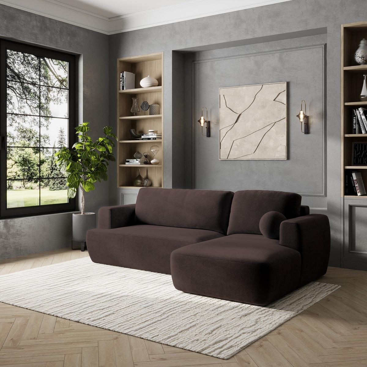 ECKSOFA SENTI K R-S Braun Plüsch-Stoff mit Schlaffunktion - Schwarz/Braun, Holz/Kunststoff (246/148cm) - MASSENO