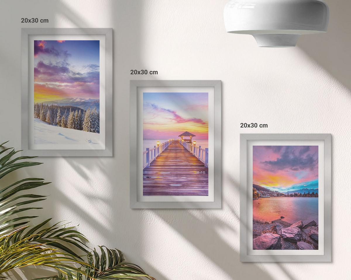 BILDER SET 3er Set - 20x30 cm Silberner Rahmen - Winterliche Bergseelandschaft - Silberfarben, Kunststoff (20/30cm) - TULUP