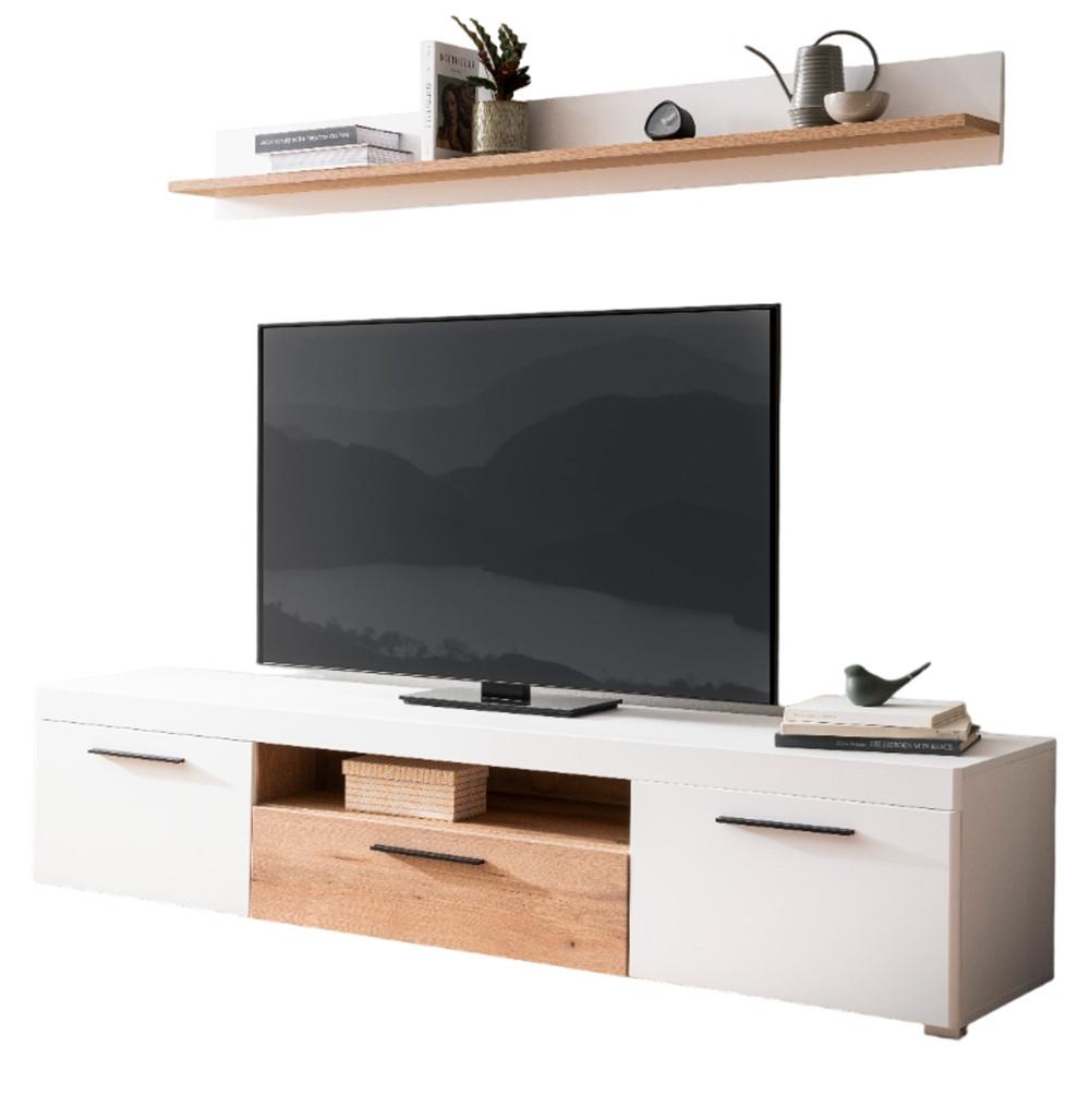 WOHNZIMMER-SET Wandboard weiß matt, Evoke Eiche, Wohnkombination 2-teilig, Soft-Close-Funktion - Eichefarben/Schwarz, Holzwerkstoff/Kunststoff (205/180/45cm) - Furn.Design