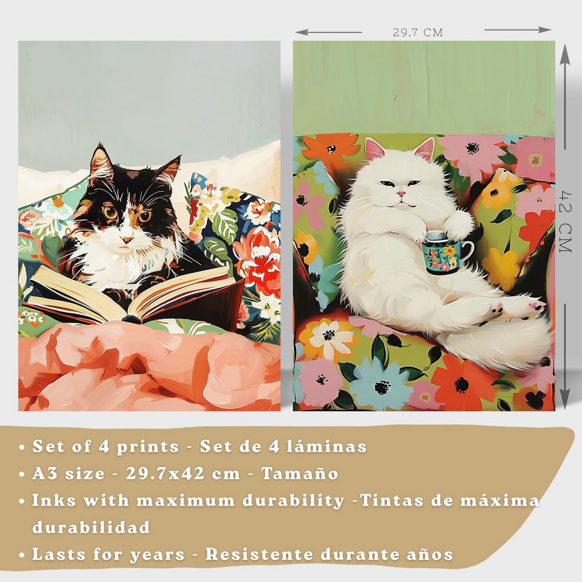 POSTER 4er Kunstdruck-Set Wandbilder Katzen modern Wohnzimmer Deko, Schlafzimmer, Küche, Badezimmer Rahmenlos A3 - Weiß, Papier (29.7/1/42cm) - Nacnic