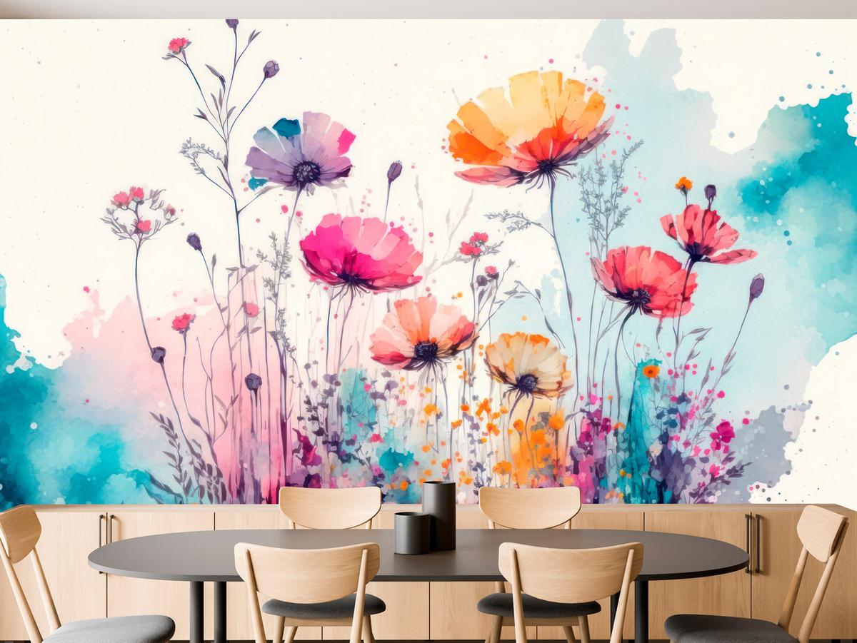 FOTOTAPETE für Schlafzimmer Abstrakte Bunte Wiesenblumen Aquarell 350x256 - Türkis/Rot, Papier (350/256cm) - Muralo