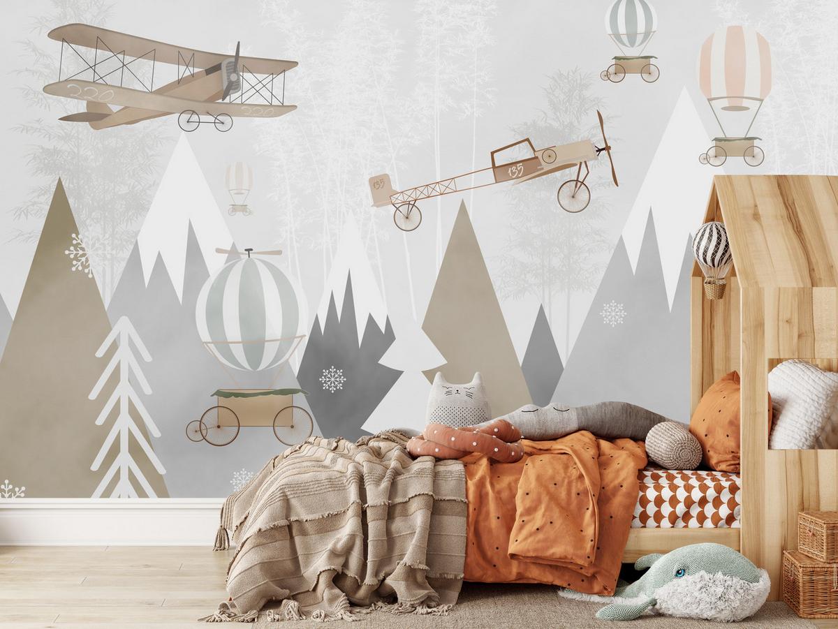 FOTOTAPETE für Kinderzimmer Flugzeuge Bergen Bäume 150x105 - Beige/Braun, Papier (150/105cm) - Muralo