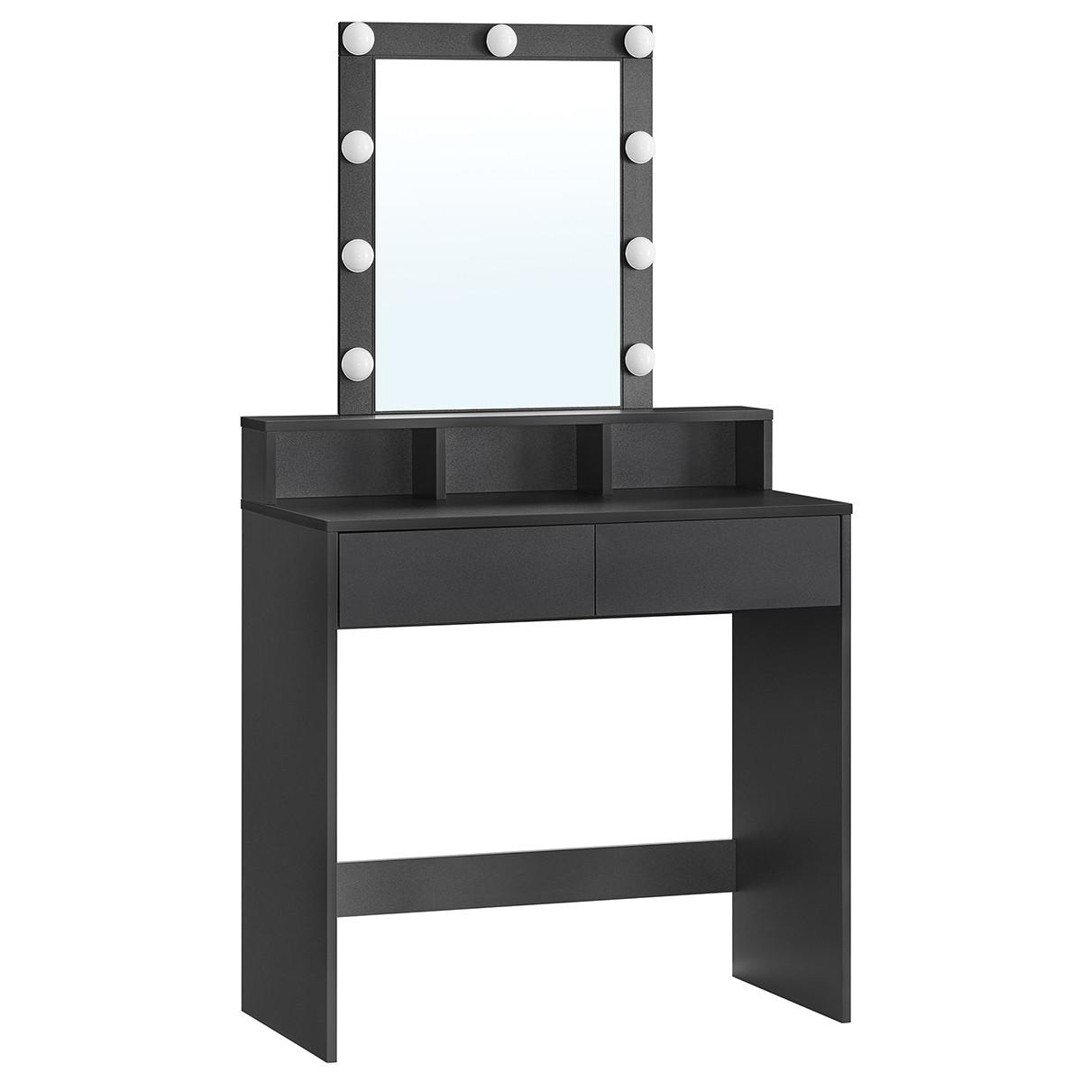 SCHMINKTISCH 1 Schublade, 3 Fächer und 1 Spiegel mit Lampen Schwarz – B80 cm - Schwarz, Holzwerkstoff (40/145/93.5cm) - Calicosy